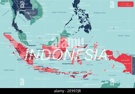 Indonesia paese Mappa dettagliata modificabile con regioni città e città, strade e ferrovie, siti geografici. File vettoriale EPS-10 Illustrazione Vettoriale
