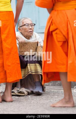 Luang Prabang, Laos Vecchia donna che consegna il riso a Tak Bat o la processione mattutina del monaco. Foto Stock