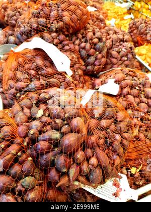 cipolla per semina in deposito, semi di cipolla per semina in reti di plastica. Foto Stock