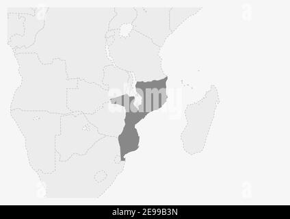 Mappa dell'Africa con mappa evidenziata del Mozambico, mappa grigia del Mozambico con i paesi vicini Illustrazione Vettoriale