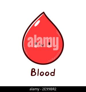 Carino divertente sangue umano drop carattere. Icona di illustrazione del carattere kawaii della cartoon vettoriale a linea piatta. Isolato su sfondo bianco. Goccia di sangue con concetto mascotte del carattere del viso Illustrazione Vettoriale
