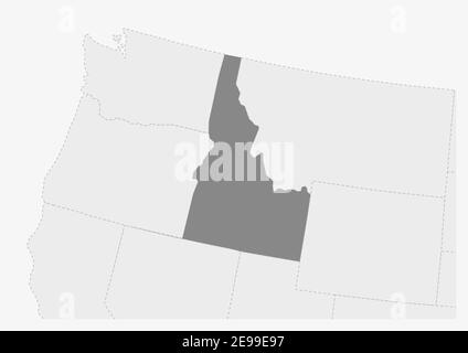 Mappa degli Stati Uniti con la mappa evidenziata dell'Idaho, mappa grigia dello stato degli Stati Uniti dell'Idaho con i paesi vicini Illustrazione Vettoriale