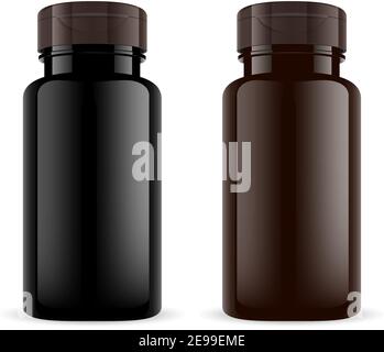 Pillola marrone flacone. Giara di plastica gialla 3d Sport Drug. Pillole mediche Phial Mockup Template. Supplementi sport BCAA, minerali, Omega Drugs Canister. Prescr Illustrazione Vettoriale