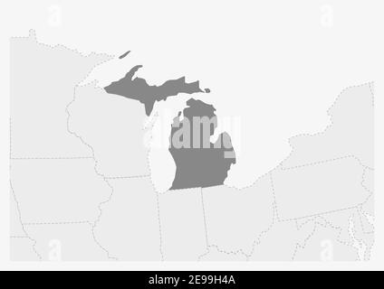 Mappa degli Stati Uniti con mappa evidenziata del Michigan, mappa grigia dello stato degli Stati Uniti del Michigan con i paesi vicini Illustrazione Vettoriale