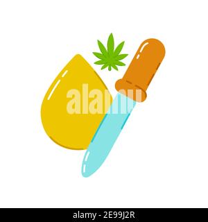 Marijuana erbaccia CBD olio goccia. Icona dell'illustrazione della linea piatta dei trend vettoriali. Isolato su sfondo bianco. CBD olio di marijuana e concetto di contagocce Illustrazione Vettoriale