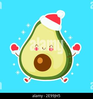 Carino felice avocado di natale divertente. Illustrazione dello stile disegnata a mano del carattere cartoon vettoriale. Natale, concetto di Capodanno Illustrazione Vettoriale