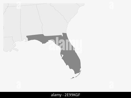 Mappa degli Stati Uniti con mappa evidenziata della Florida, mappa grigia dello stato degli Stati Uniti della Florida con i paesi vicini Illustrazione Vettoriale