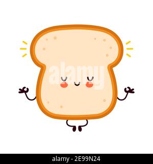 Carino divertente pane felice carattere pane meditate. Icona di illustrazione del carattere kawaii della cartoon vettoriale a linea piatta. Isolato su sfondo bianco. Toast con concetto di mascotte del carattere del viso Illustrazione Vettoriale