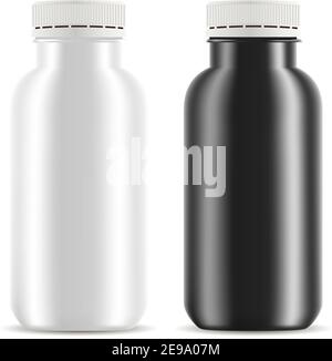 Set di biberon in plastica per yogurt. Contenitore per alimenti Mockup in bianco e nero. confezione 3D Realistic Vector per succhi, dessert liquidi, freschi, latte, acqua. CUR Illustrazione Vettoriale