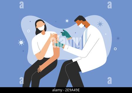 Vaccino Covid-19, medico che inietta un paziente, medico che indossa una maschera protettiva che dà un vaccino sparato nel braccio, iniezione muscolare. Coronavirus Illustrazione Vettoriale