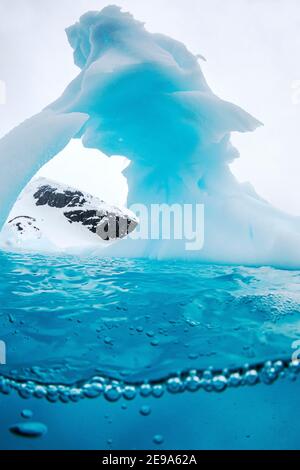 Vista sopra e sotto di un arco formato in un iceberg a Cuverville Island, canale di Ererra, Antartide. Foto Stock