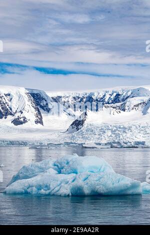 Montagne innevate, ghiacciai e iceberg a Lindblad Cove, Charcot Bay, Trinity Peninsula, Antartide. Foto Stock