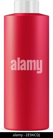 Bottiglia cosmetica rossa. Mockup realistico di imballaggio in plastica dei cilindri. Design 3d del pacchetto Shampoo rotondo. Bagno doccia Hygiene gel contenitore. Tubo vuoto TEM Illustrazione Vettoriale