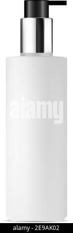 Flacone per pompa cosmetica. Modello Mockup in vetro glassato bianco. Bianco trasparente per lozione, crema. Contenitore isolato per prodotti liquidi per la cura del viso Donna. Sole Illustrazione Vettoriale