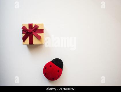 Una piccola scatola regalo con arco decorativo legato e nastro rosso e un giocattolo rosso ladybug su sfondo bianco.Holidays presentano il concetto di amore. Foto Stock