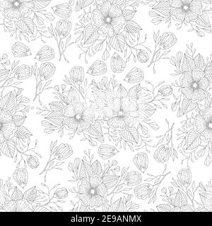 Motivo senza cuciture di fiori di doodle monocromatico per libro da colorare dell'adulto. Profilo floreale bianco e nero. Illustrazione vettoriale disegnata a mano. Illustrazione Vettoriale