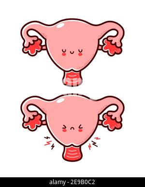 Carino sano e malato triste carattere utero umano divertente organo. Icona di illustrazione del carattere kawaii della cartoon vettoriale a linea piatta. Isolato su sfondo bianco. Utero con concetto di mascotte del carattere del viso Illustrazione Vettoriale