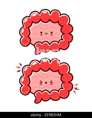 Carino sano e malato triste divertente intestino umano organo carattere. Icona di illustrazione del carattere kawaii della cartoon vettoriale a linea piatta. Isolato su sfondo bianco. Intestino con concetto di mascotte del carattere del viso Illustrazione Vettoriale