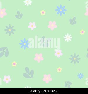 Motivo floreale senza cuciture, semplice ornamento di fiori bianchi margherita in ordine casuale sullo sfondo verde chiaro, ripetizione illustrazione vettoriale per il tessuto, carta regalo Illustrazione Vettoriale
