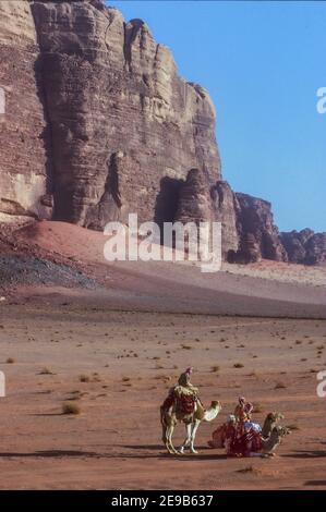 Tre uomini beduini e cammelli nel paesaggio aspro Wadi Rum Giordania Foto Stock