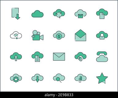 Set di icone di linea vettoriale cloud. Contiene simboli per caricare, scaricare, collegare e molto altro. Tratto modificabile. 32x32 pixel. Illustrazione Vettoriale