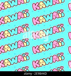 Simpatico divertente parola Kawaii con sorriso faccia modello senza giunture. Icona di illustrazione del carattere cartoon vettoriale a linea piatta. Kawaii cita il pattern senza giunture Illustrazione Vettoriale