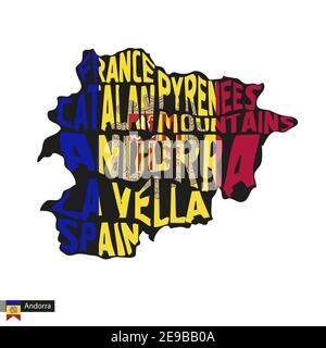 Mappa tipografica silhouette di Andorra in nero e colori bandiera. Illustrazione vettoriale. Illustrazione Vettoriale