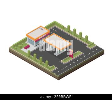 Illustrazione isometrica vettoriale che rappresenta una stazione di poligas bassa. Stazione di riempimento del petrolio. Carburante. Stazione di servizio isometrica. Illustrazione Vettoriale