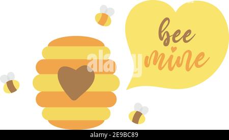 Bee mine carino vettore illustrazione giorno di San Valentino biglietto di auguri con alveare e api Illustrazione Vettoriale