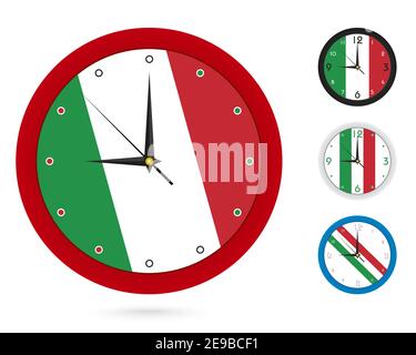 Wall Clock Design con Bandiera Nazionale d'Italia. Quattro design diversi. Pronto per la stampa. Illustrazione vettoriale. Illustrazione Vettoriale