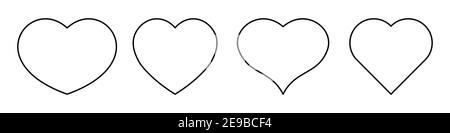Set di quattro forme cardiache più popolari. Simbolo dell'amore. Semplici icone vettoriali nere a contorno sottile. Illustrazione Vettoriale