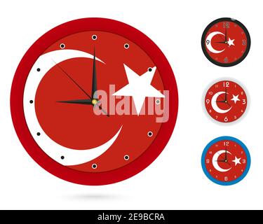 Wall clock Design con bandiera nazionale della Turchia. Quattro design diversi. Pronto per la stampa. Illustrazione vettoriale. Illustrazione Vettoriale