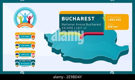 Mappa isometrica della Romania con tag a Bucarest stadio che si terrà partite di calcio vettore illustrazione. Calcio 2020 definitivo Illustrazione Vettoriale