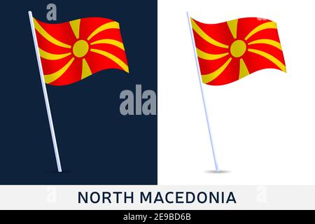 Bandiera sventolante della Macedonia del Nord su flagpole. Modello per il giorno dell'indipendenza Illustrazione Vettoriale