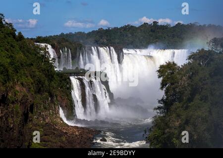 Una sezione delle Cascate di Iguazu che guarda dal lato argentino verso la Gola del Diavolo . Le cascate di Iguazu confinano con Brasile e Argentina. Foto Stock