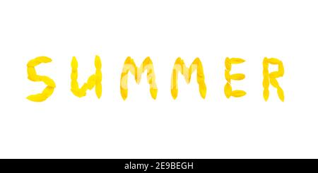 Parola gialla ESTIVA fatta di petali su sfondo bianco. Foto Stock