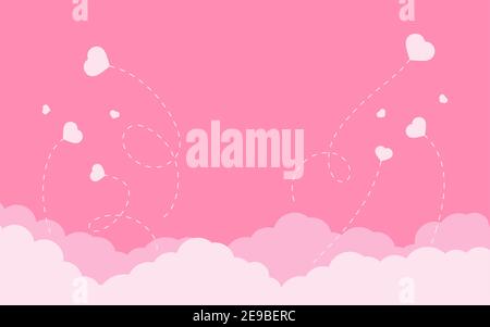 Nuvole di rosa con cuori volanti stile cartoon piano. Sfondo per San Valentino con posto per il testo. Cielo rosa nuvoloso, cielo scena effetto stratificato. Amore romantico panorama per volantino. Illustrazione vettoriale Illustrazione Vettoriale
