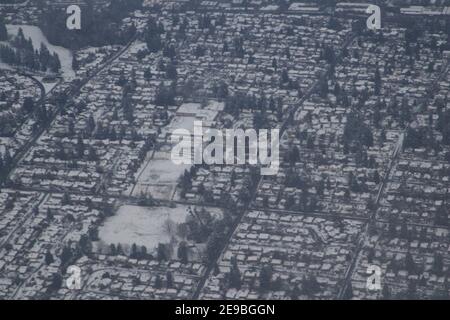 Vista aerea di Seattle, USA, coperta di neve Foto Stock