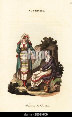 Costume di donne croate, 18 ° secolo. Si indossa un velo bianco con bordo rosso e frange, grembiule ovale a righe, calze rosse e scarpe gialle. L'altra indossa i capelli scoperti, grembiule ovale e sandali. Femmes de Croatie. Incisione a mano su copperplate dopo un'illustrazione di William Alexander da J-B. Eyries’ l’Autriche: Costumi, Moeurs et Usages des Autrichiens, Austria: Costumi, maniere e Mores degli Austriaci, Librairie de Gide Fils, Parigi, 1823. Jean-Baptiste Eyries (1767-1846) è stato un . Foto Stock