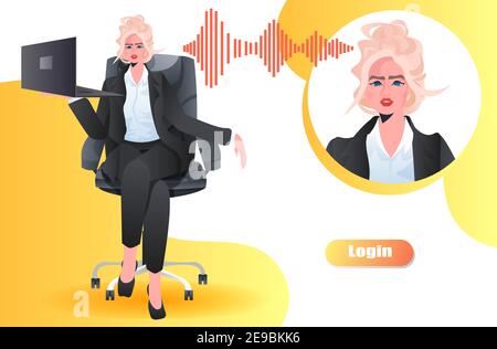 donna d'affari che usa il laptop donna d'affari che ha la comunicazione in linea di videochiamata illustrazione vettoriale orizzontale concept full length Illustrazione Vettoriale