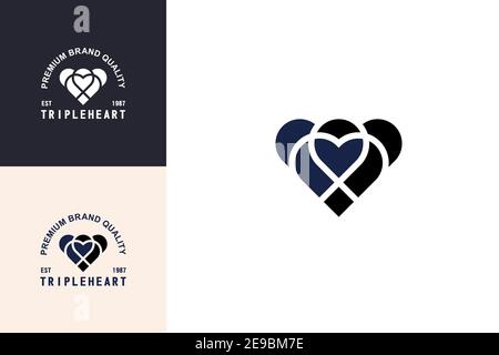 Design con logo a triplo cuore, creatività semplice, elegante e moderna identità del marchio. Illustrazione Vettoriale