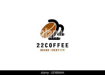 Chicchi di caffè con una tazza a forma di numero 22, logo per la caffetteria, il negozio, il bar o l'identità del marchio del prodotto. Illustrazione Vettoriale
