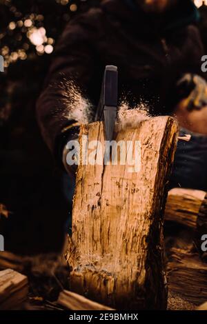 Tagliando tronchi per legna da ardere in azione e primo piano con particelle che volano Foto Stock