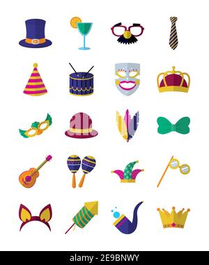 insieme di icone di carnevale su sfondo bianco, disegno colorato, illustrazione vettoriale Illustrazione Vettoriale