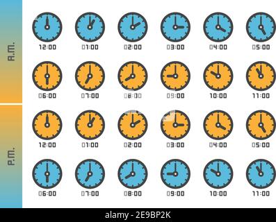 orologio analogico e tempo 24 ore set di icone, vettore e illustrazione Illustrazione Vettoriale