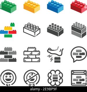 set di icone di mattone giocattolo e blocco giocattolo, vettore e illustrazione Illustrazione Vettoriale