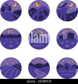 insieme di icone di paesaggi notturni e natura, vettore e illustrazione Illustrazione Vettoriale