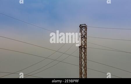 Poli elettrici ad alta tensione per la trasmissione di potenza che passa attraverso la foresta di riserva. Distribuzione di energia da centrali elettriche. Foto Stock