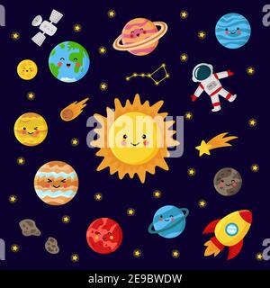 Illustrazione vettoriale di cute kawaii Sole e pianeti del sistema solare. Illustrazione Vettoriale