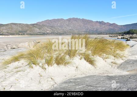 Spiaggia di Carnota o Playa de Carnota nella regione di Rias Baixas con Monte Pindo o Monte Pindo. Coruña, Galizia, Spagna. Foto Stock